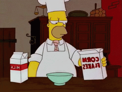 A gif from the Simpsons of homer mixing cereal and milk, It then combusts